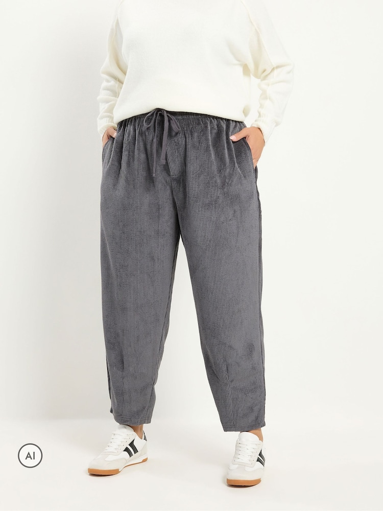 Yours Curve Grey Corduroy Barrel Leg Trousers - Image 1 of 6 Yours Curve Grey Corduroy Barrel Leg Trousers - Image 1 of 6