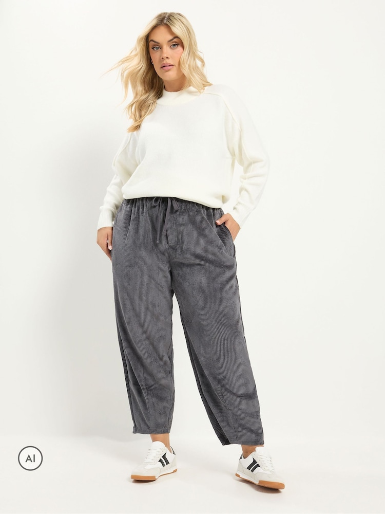 Yours Curve Grey Corduroy Barrel Leg Trousers - Image 2 of 6 Yours Curve Grey Corduroy Barrel Leg Trousers - Image 2 of 6