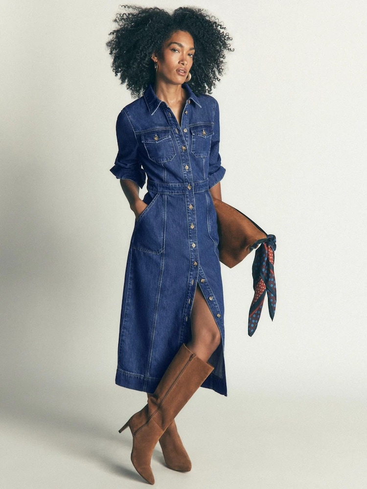 Boden Blue Fleur Denim Midi Dress - Image 1 of 7 Boden Blue Fleur Denim Midi Dress - Image 1 of 7