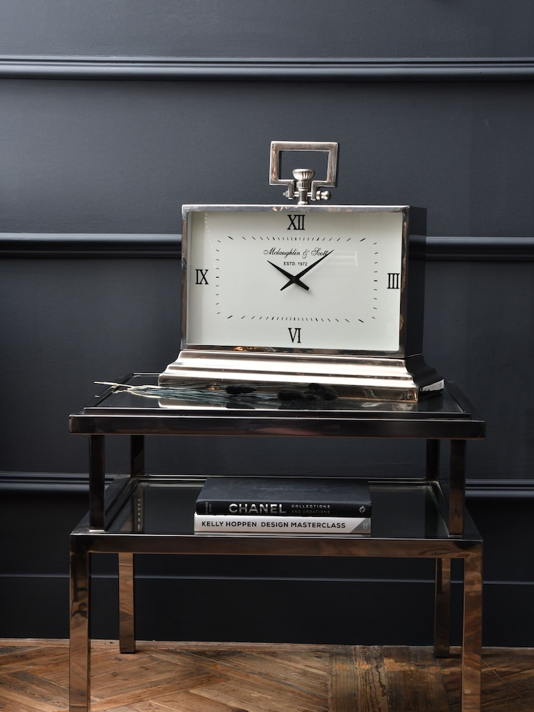 Libra Silver Latham Medium Rectangle Clock With Roman Numerals - Image 1 of 2