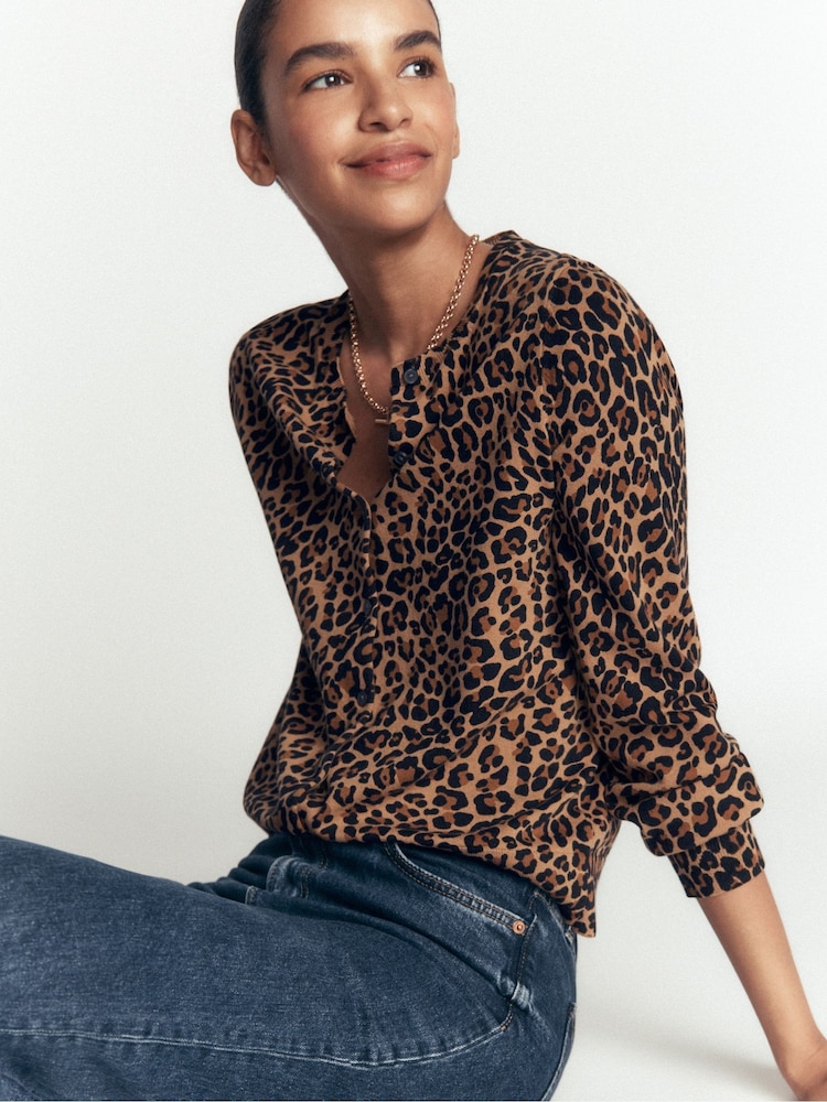 Boden Brown Leopard Camilla Cotton Crew Cardigan - Image 1 of 6 Boden Brown Leopard Camilla Cotton Crew Cardigan - Image 1 of 6
