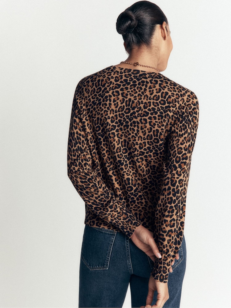 Boden Brown Leopard Camilla Cotton Crew Cardigan - Image 2 of 6 Boden Brown Leopard Camilla Cotton Crew Cardigan - Image 2 of 6