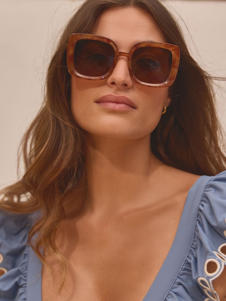 Caramel Brown Polarised Square Frame Sunglasses - Image 2 of 8 Caramel Brown Polarised Square Frame Sunglasses - Image 2 of 8