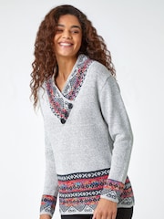 Roman Grey Nordic Print Button Detail Jumper - Image 1 of 5