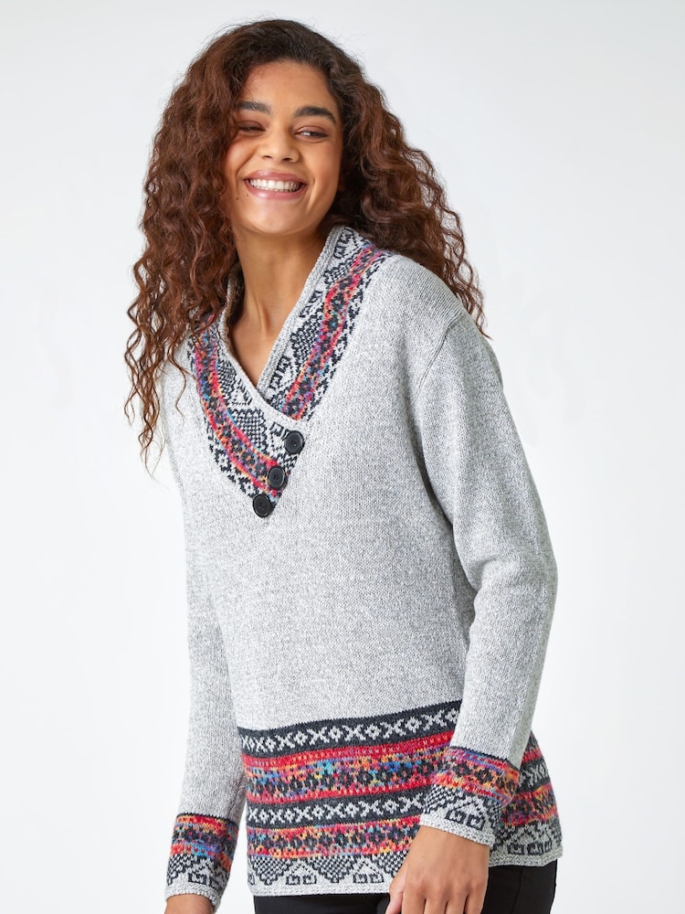 Roman Grey Nordic Print Button Detail Jumper - Image 1 of 5