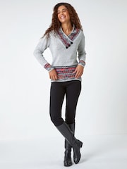 Roman Grey Nordic Print Button Detail Jumper - Image 3 of 5