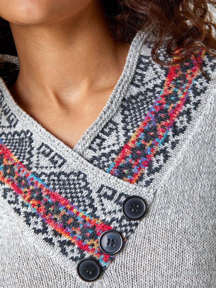 Roman Grey Nordic Print Button Detail Jumper - Image 5 of 5