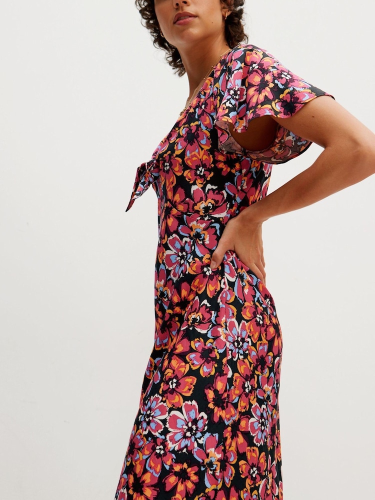 Oliver Bonas Red Sketched Floral Knot Midi Dress - Image 2 of 9