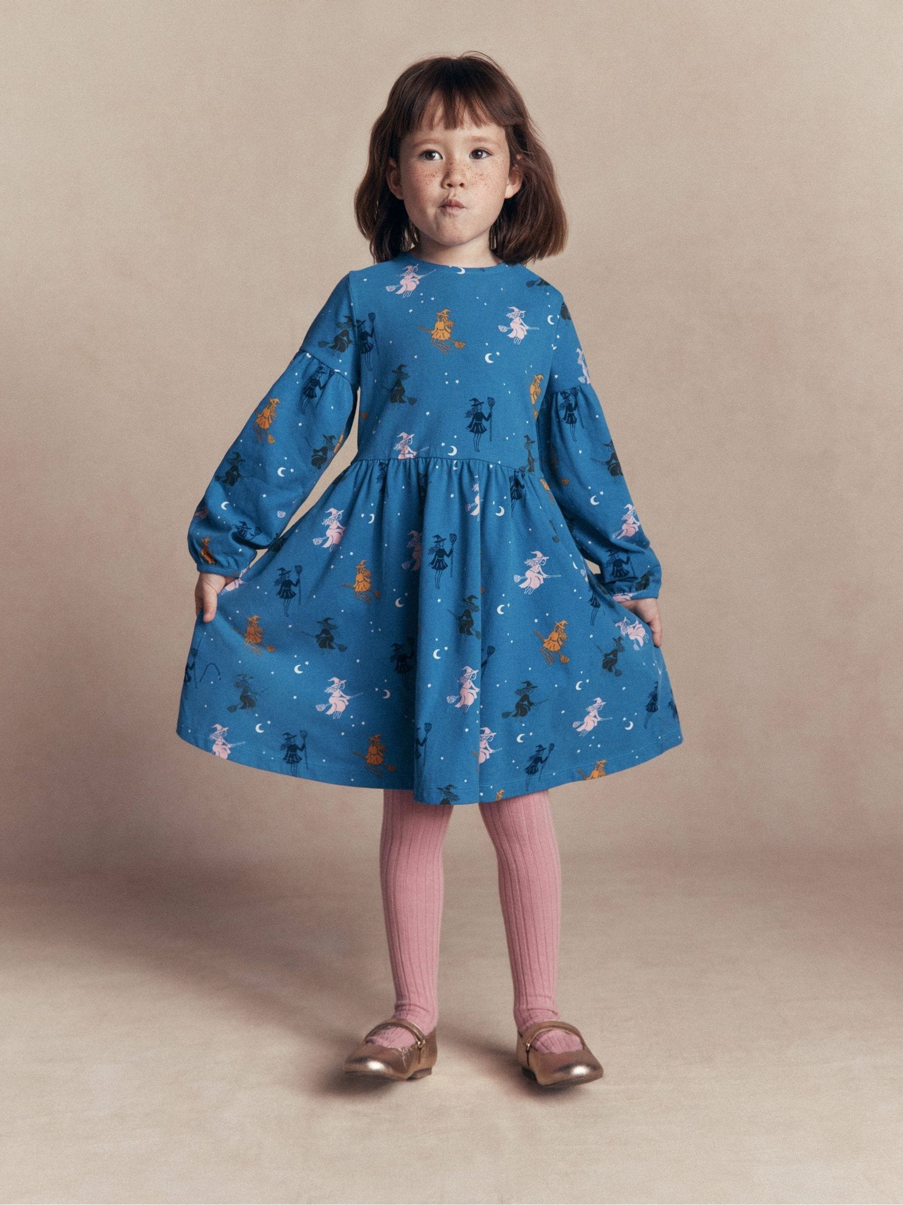 Boden Unisex Kids Blue Halloween Print Blouson Sleeve Dress - Image 1