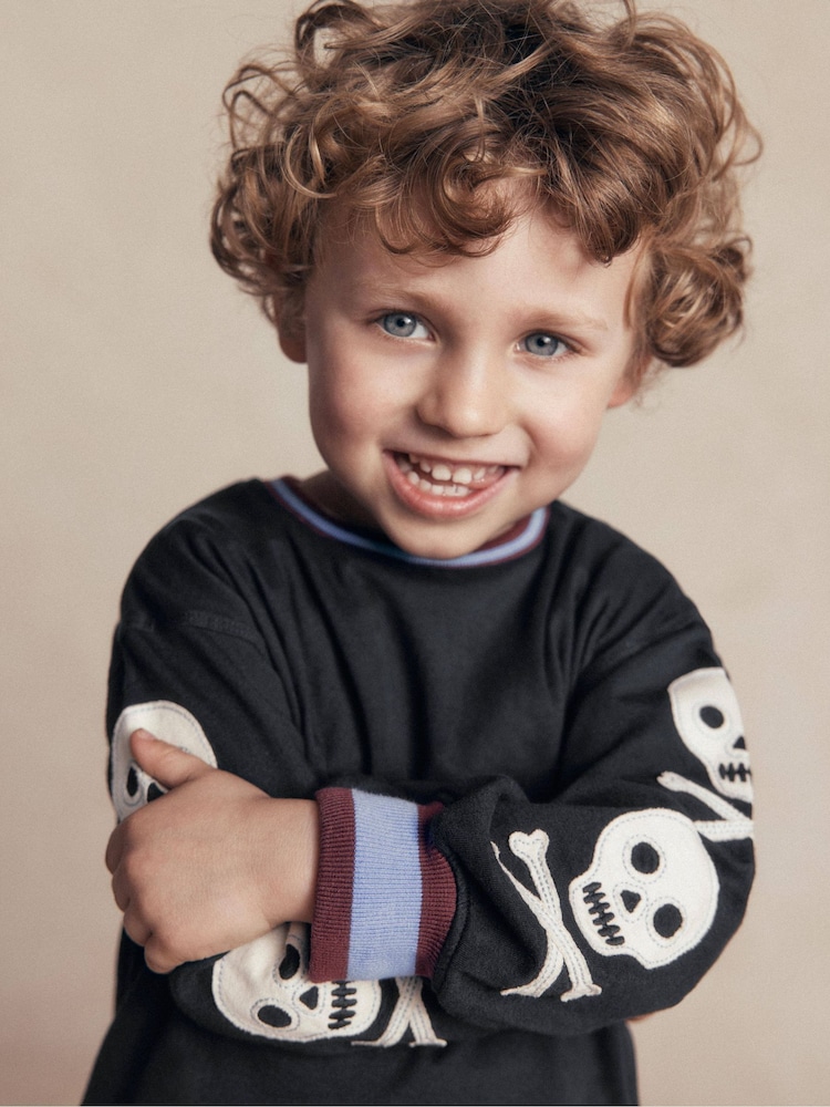 Boden Grey Skull Sleeved Appliqué T-Shirt - Image 1 of 5