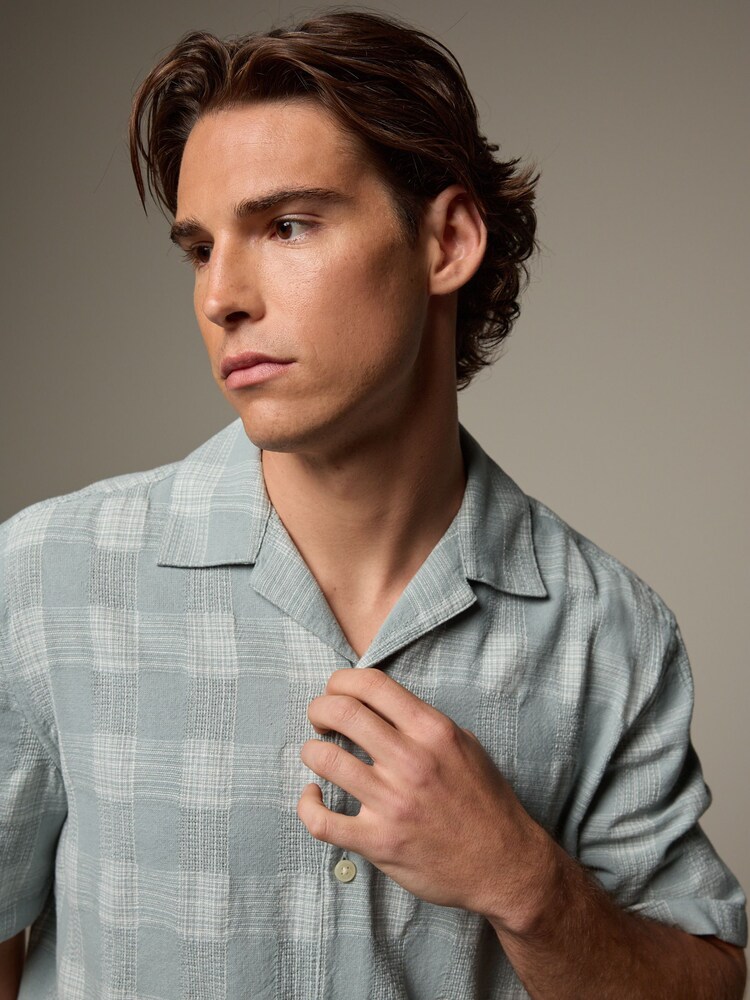 Green 100% Cotton Check Short Sleeve Textured Shirt with Cuban Collar - Image 1 of 7 Green 100% Cotton Check Short Sleeve Textured Shirt with Cuban Collar - Image 1 of 7