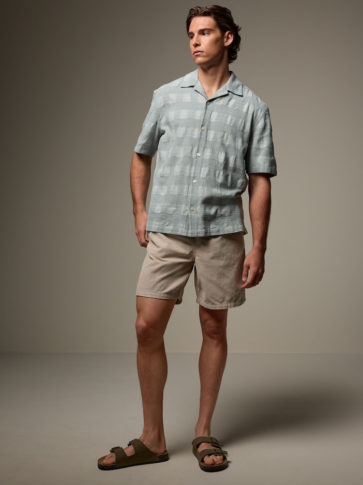 Green 100% Cotton Check Short Sleeve Textured Shirt with Cuban Collar - Image 2 of 7 Green 100% Cotton Check Short Sleeve Textured Shirt with Cuban Collar - Image 2 of 7