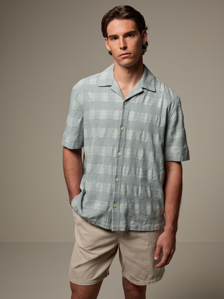 Verde - 100% Cotton Carouri Mânecă scurtă Textured Cămăși with Cuban Guler - Image 3 of 7