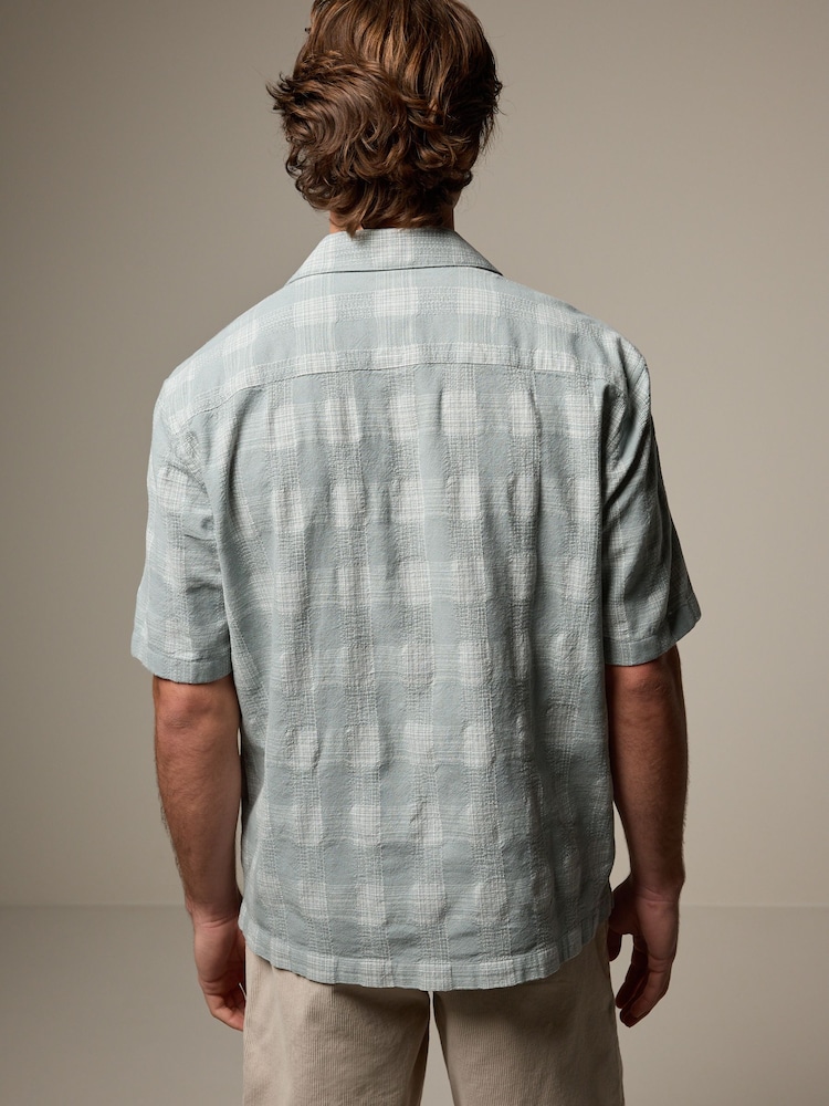 Verde - 100% Cotton Carouri Mânecă scurtă Textured Cămăși with Cuban Guler - Image 4 of 7