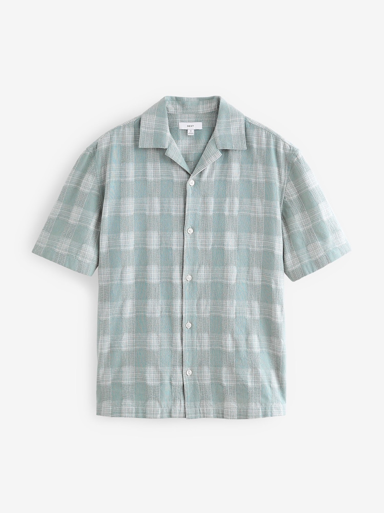 Verde - 100% Cotton Carouri Mânecă scurtă Textured Cămăși with Cuban Guler - Image 5 of 7