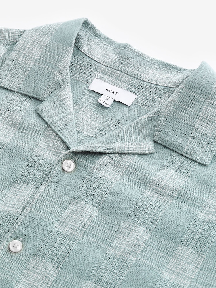 Verde - 100% Cotton Carouri Mânecă scurtă Textured Cămăși with Cuban Guler - Image 6 of 7