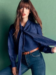 Boden Blue Clara Tie Neck Denim Top - Image 1 of 6