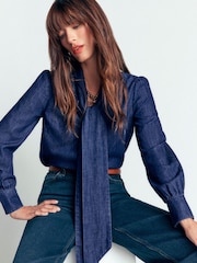 Boden Blue Clara Tie Neck Denim Top - Image 5 of 6