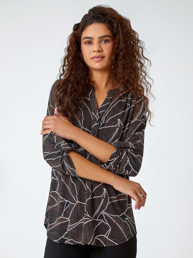 Roman Brown Textured Leaf Stretch Jersey Top - Image 1 of 5