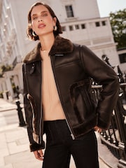 Love & Roses Brown Faux Leather Fur Lined Aviator Style Coat - Image 1 of 4