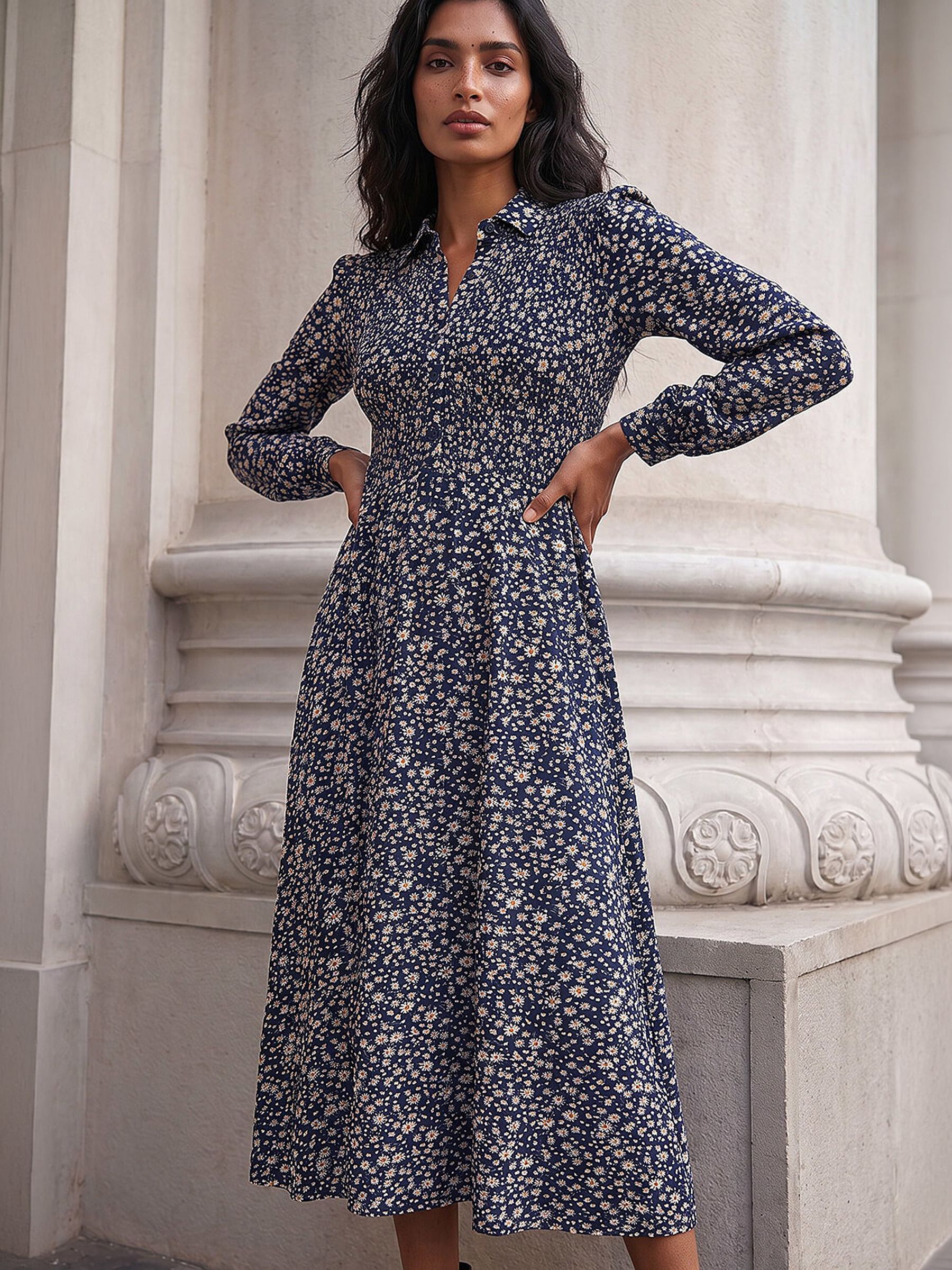 Roman Women's Navy Ditsy Floral Print Shirred Midi Dress In | : Size 18 - Image 4