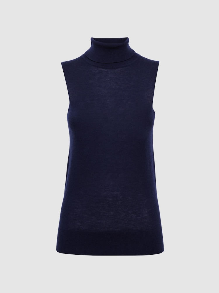 Reiss Navy Edna Merino Wool Sleeveless Roll Neck Top - Image 2 of 5