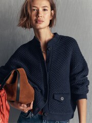 Boden Blue Textured Knitted Bomber Jacket - Image 4 of 7