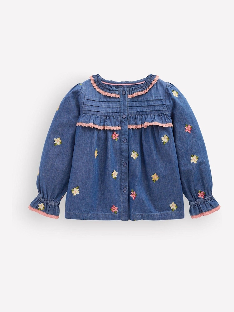 Boden Blue Frill Button Through Top - Image 1 of 3 Boden Blue Frill Button Through Top - Image 1 of 3