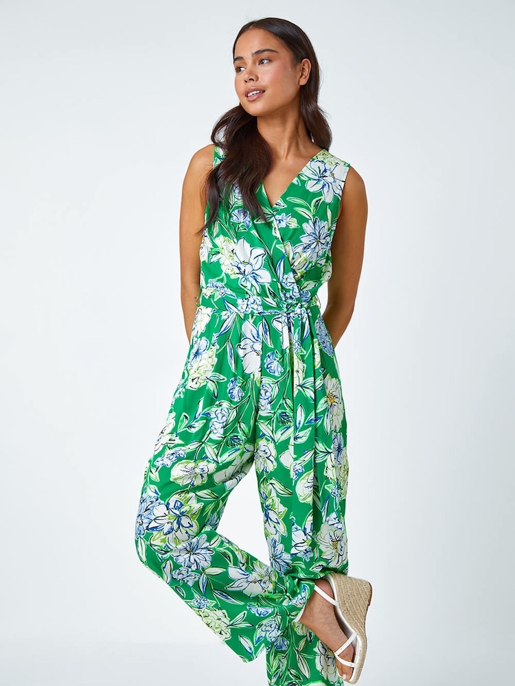 Roman Green Petite Floral Stretch Wrap Jumpsuit - Image 1 of 5 Roman Green Petite Floral Stretch Wrap Jumpsuit - Image 1 of 5