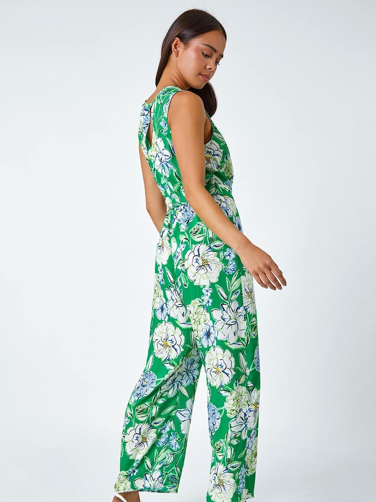 Roman Green Petite Floral Stretch Wrap Jumpsuit - Image 2 of 5 Roman Green Petite Floral Stretch Wrap Jumpsuit - Image 2 of 5