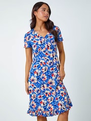 Roman Blue Petite Floral Frill Hem Stretch Dress - Image 1 of 5