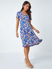 Roman Blue Petite Floral Frill Hem Stretch Dress - Image 2 of 5
