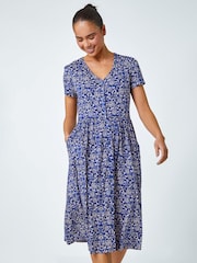 Roman Blue Petite Floral Button Pocket Midi Dress - Image 1 of 5