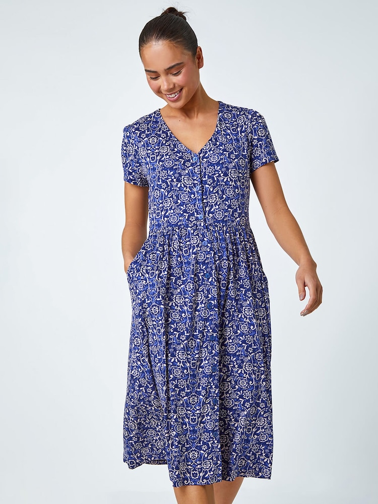 Roman Blue Petite Floral Button Pocket Midi Dress - Image 1 of 5
