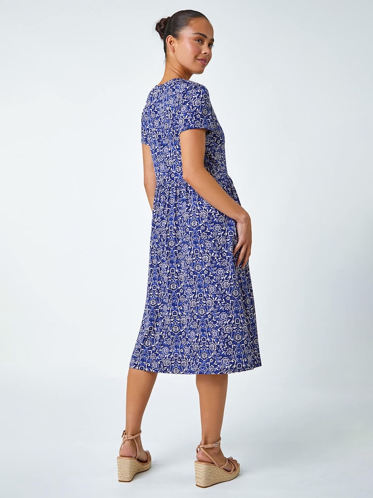 Roman Blue Petite Floral Button Pocket Midi Dress - Image 2 of 5