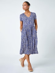 Roman Blue Petite Floral Button Pocket Midi Dress - Image 3 of 5