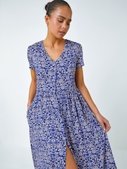 Roman Blue Petite Floral Button Pocket Midi Dress - Image 4 of 5