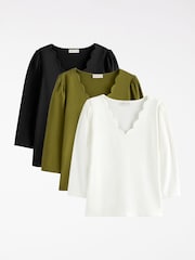 Love & Roses Black White and Olive Green 3/4 Sleeve Scallop VNeck Jersey Top - Image 1 of 8