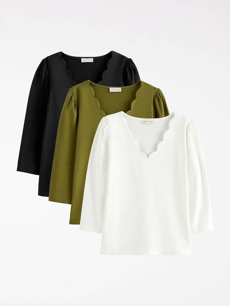 Love & Roses Black White and Olive Green 3/4 Sleeve Scallop VNeck Jersey Top - Image 1 of 8
