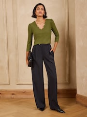 Love & Roses Black White and Olive Green 3/4 Sleeve Scallop VNeck Jersey Top - Image 5 of 8