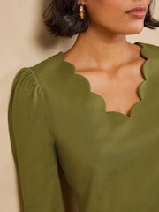 Love & Roses Black White and Olive Green 3/4 Sleeve Scallop VNeck Jersey Top - Image 6 of 8