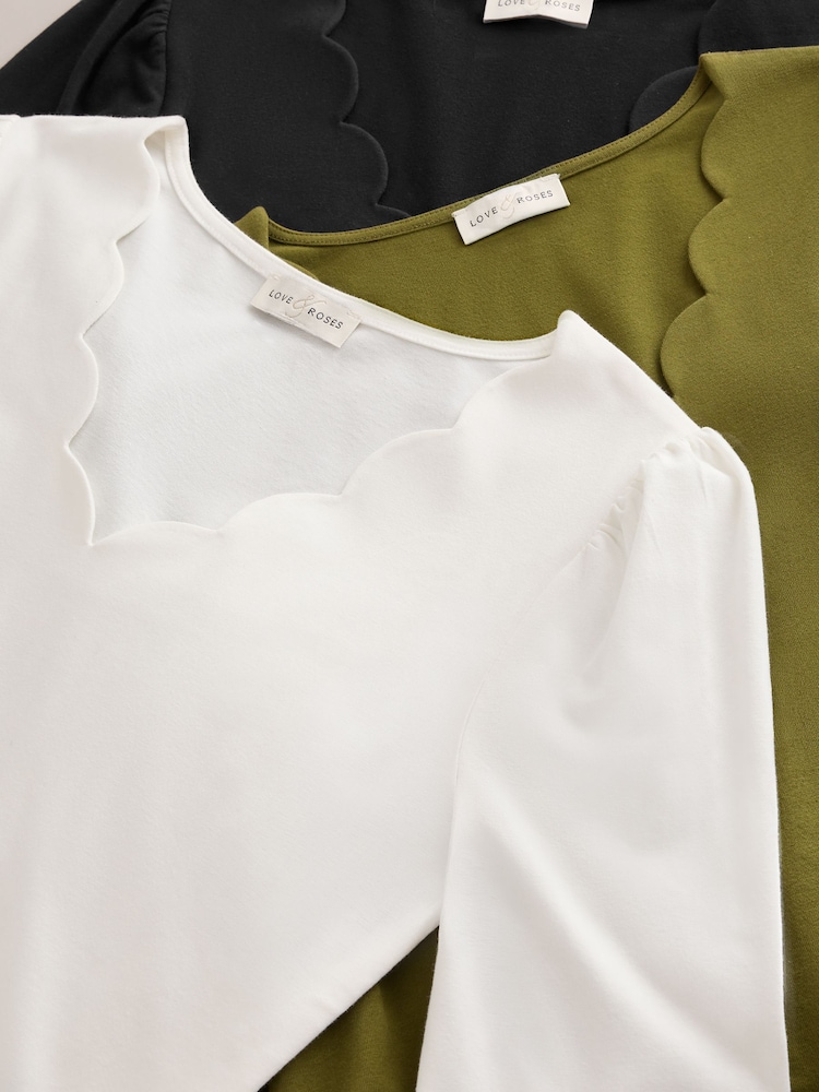 Love & Roses Black White and Olive Green 3/4 Sleeve Scallop VNeck Jersey Top - Image 8 of 8
