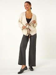 Roman Cream Leopard Tie Front V-Neck Cardigan - Image 1 of 4