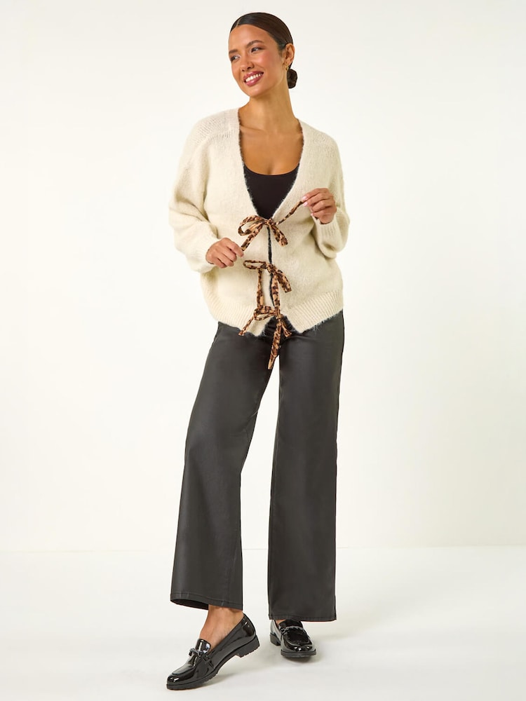 Roman Cream Leopard Tie Front V-Neck Cardigan - Image 1 of 4