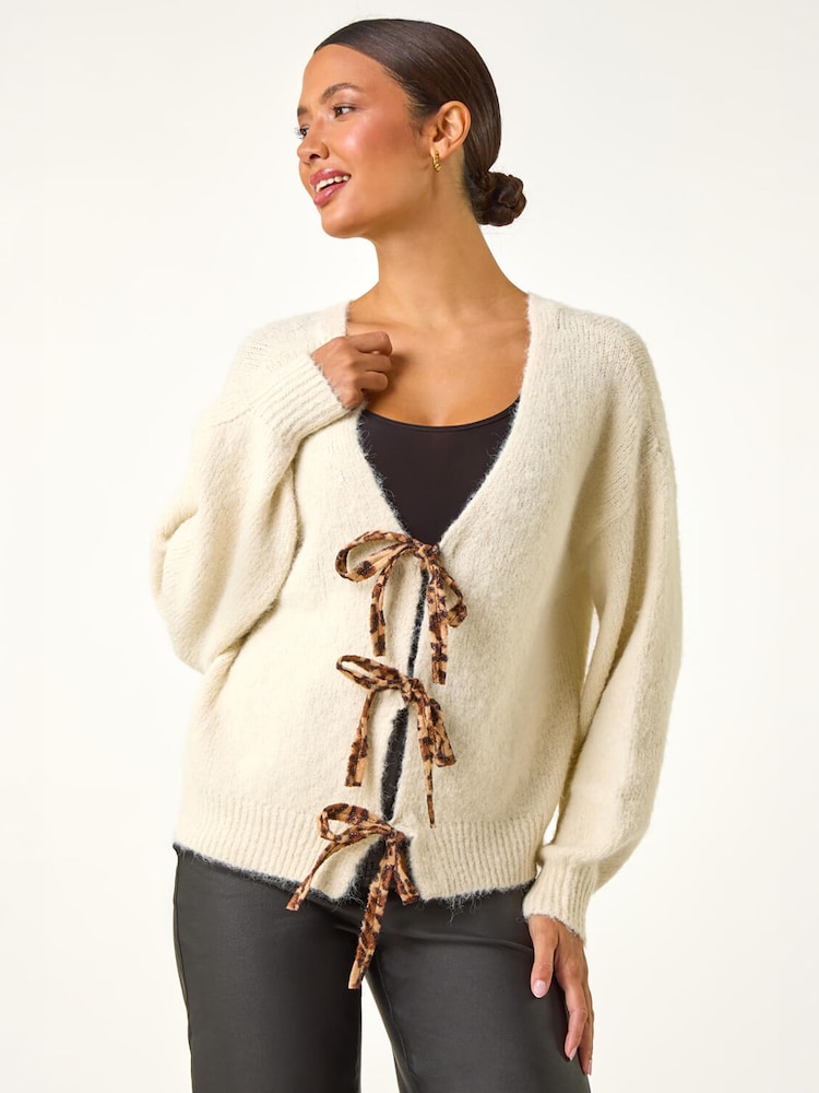 Roman Cream Leopard Tie Front V-Neck Cardigan - Image 2 of 4