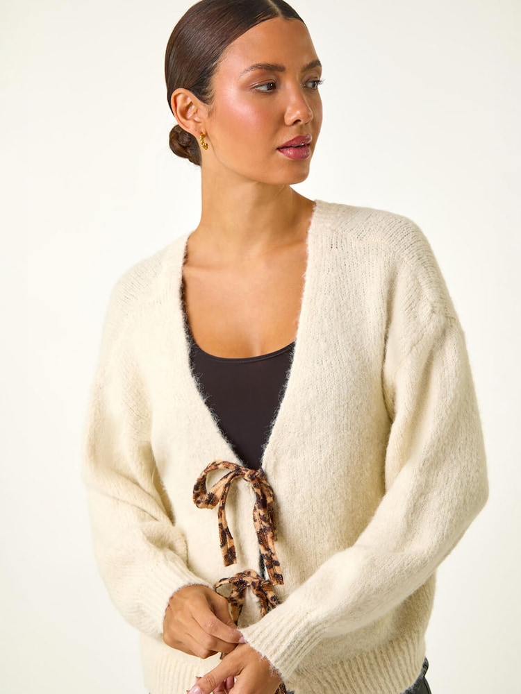 Roman Cream Leopard Tie Front V-Neck Cardigan - Image 4 of 4