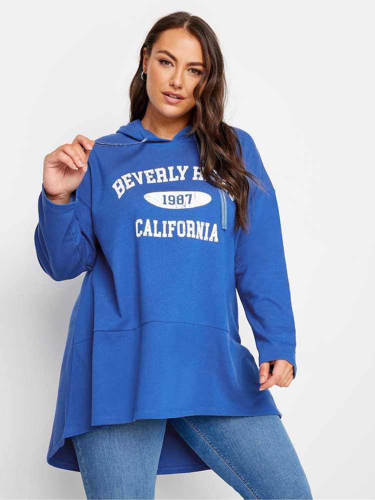 Yours Curve Blue Varsity Slogan Longline Hoodie - Image 1 of 5