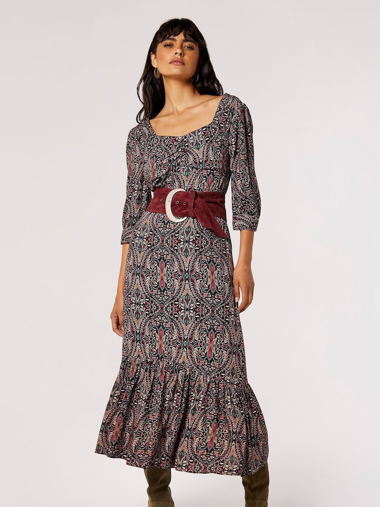 Apricot Black Paisley Long Sleeve Dress - Image 1 of 5