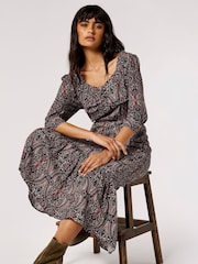 Apricot Black Paisley Long Sleeve Dress - Image 4 of 5