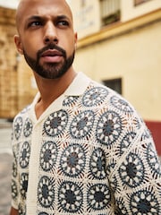 Teal Blue/Ecru White Relaxed Crochet Button Through Shirt - Image 1 of 6